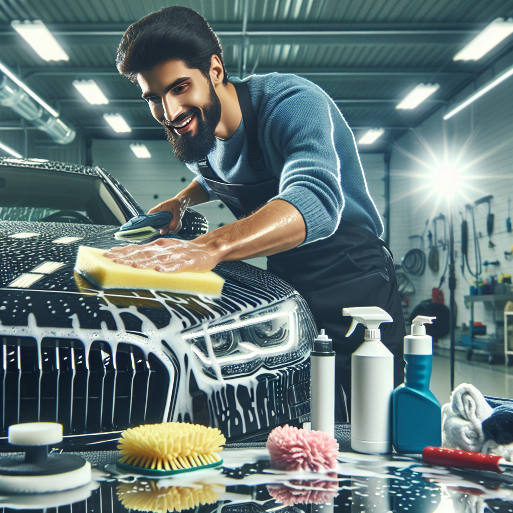 A professional auto detailing scene with a person cleaning a car meticulously.
