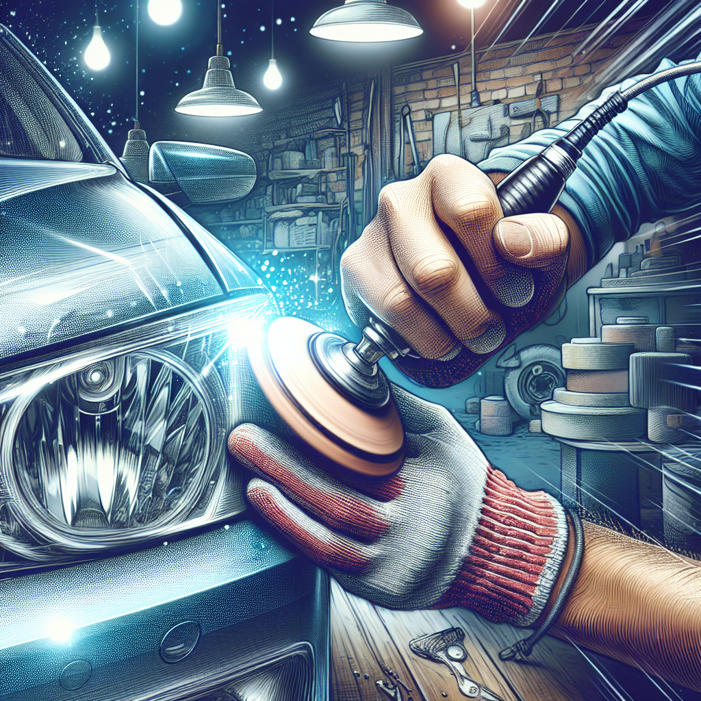 A car headlight being restored by a technician in a garage setting.