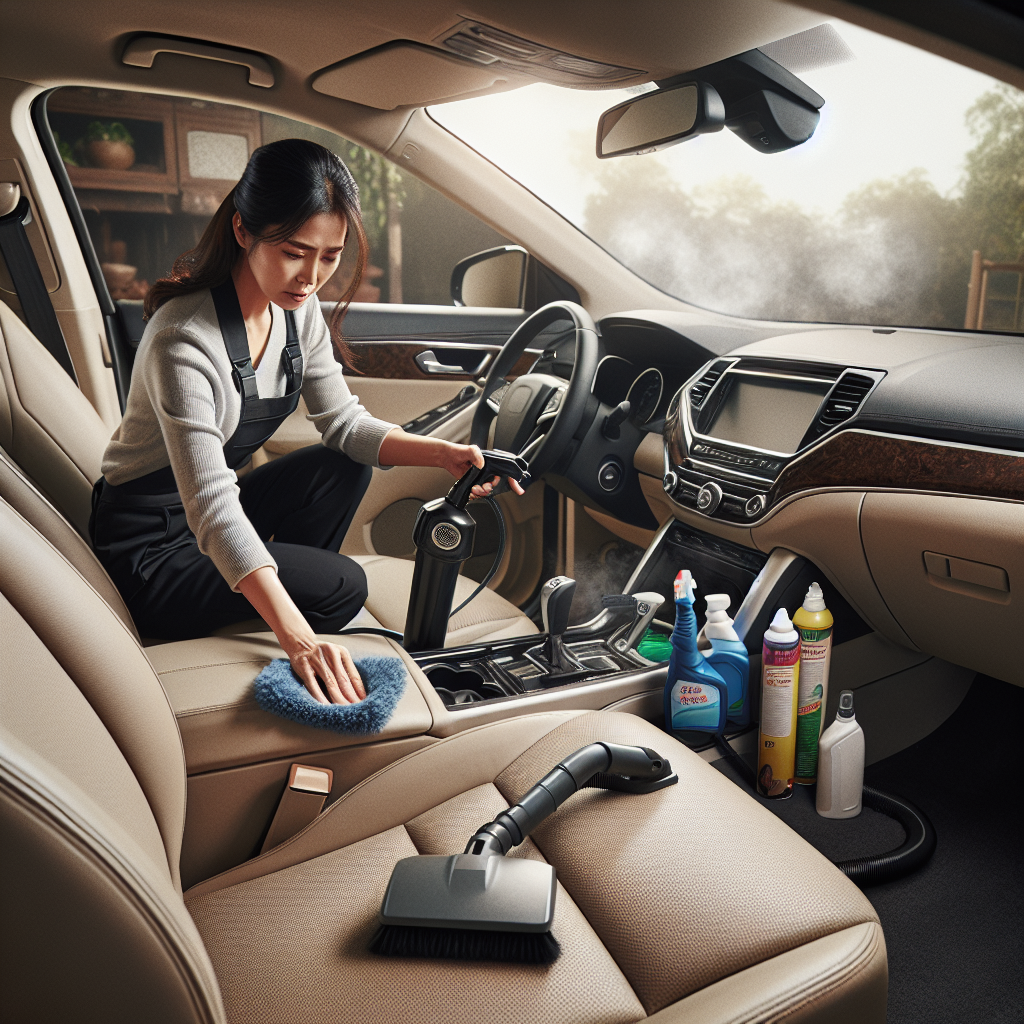 A realistic illustration of a person removing odors from a car's interior using cleaning products and tools.