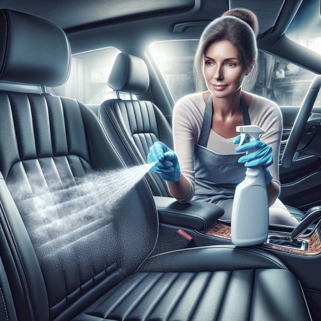 A professional removing car odor with a spray bottle in a realistic car interior.