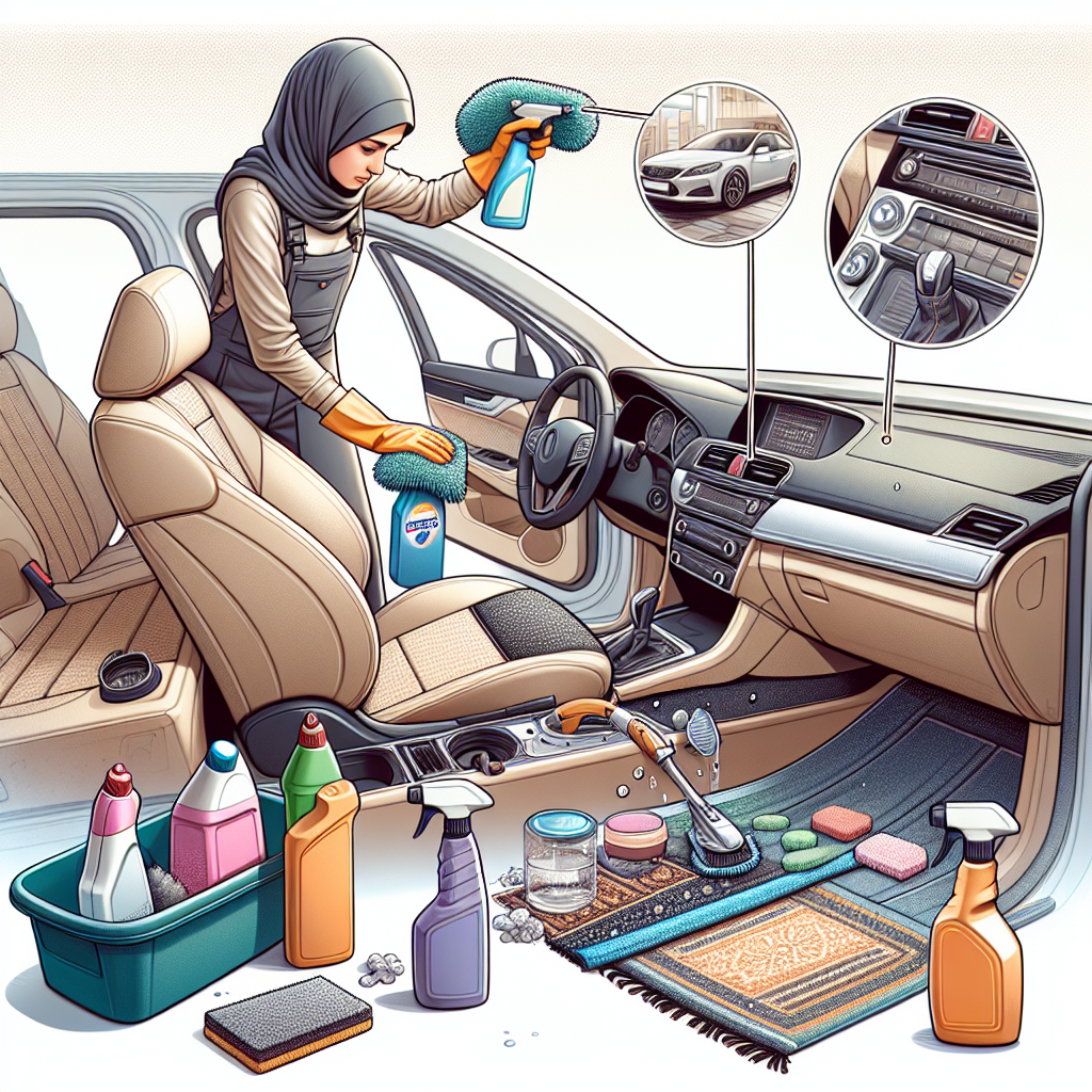 A person cleaning a car's interior with supplies, focusing on car odor removal.