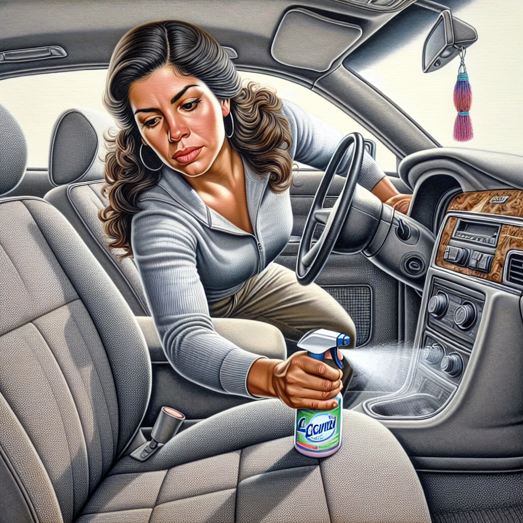 A person using a spray bottle to remove odor from a car interior, focusing on the seats and steering wheel.