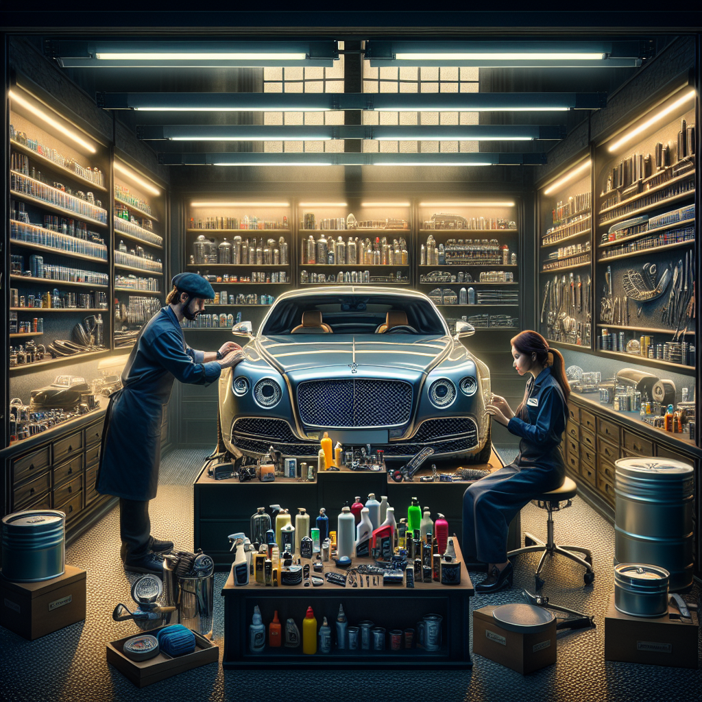 A realistic scene of professional auto detailing specialists working on a high-end car in a well-organized workshop.