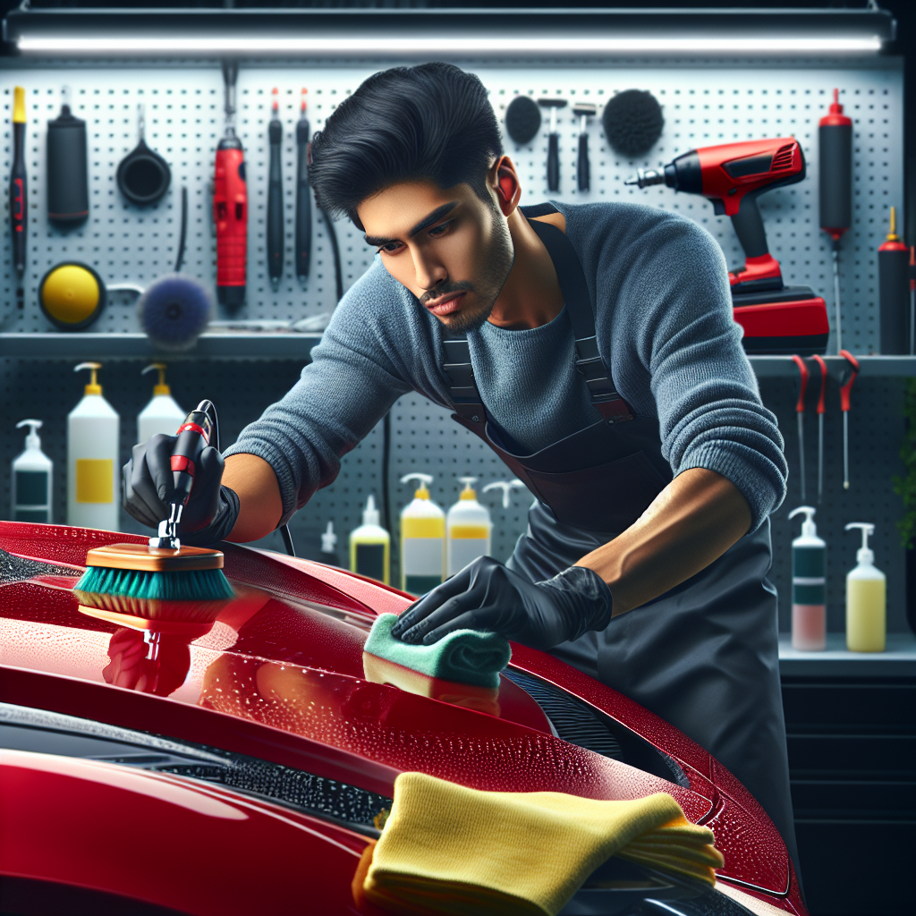 An auto detailing specialist cleaning a car meticulously in a well-organized workspace.