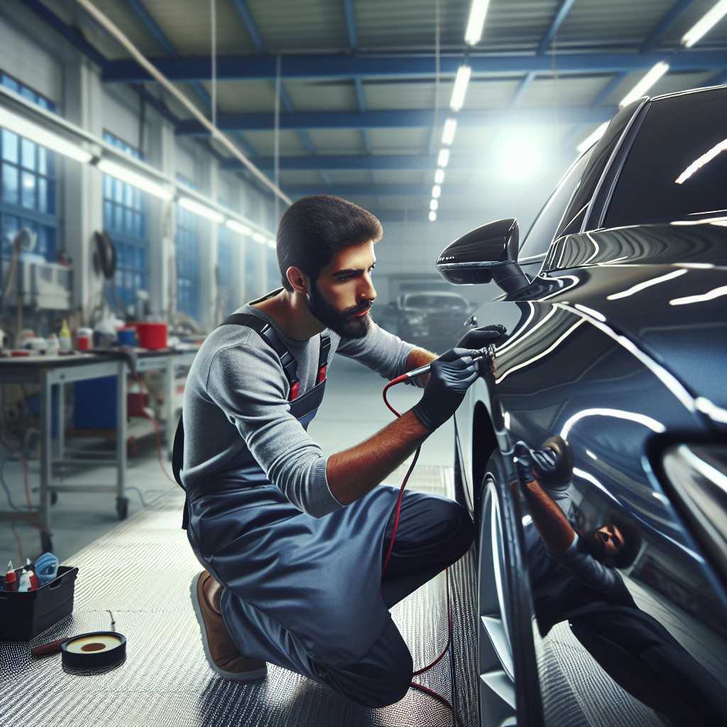 Auto detailing specialist working meticulously on a shiny car in a professional workshop.