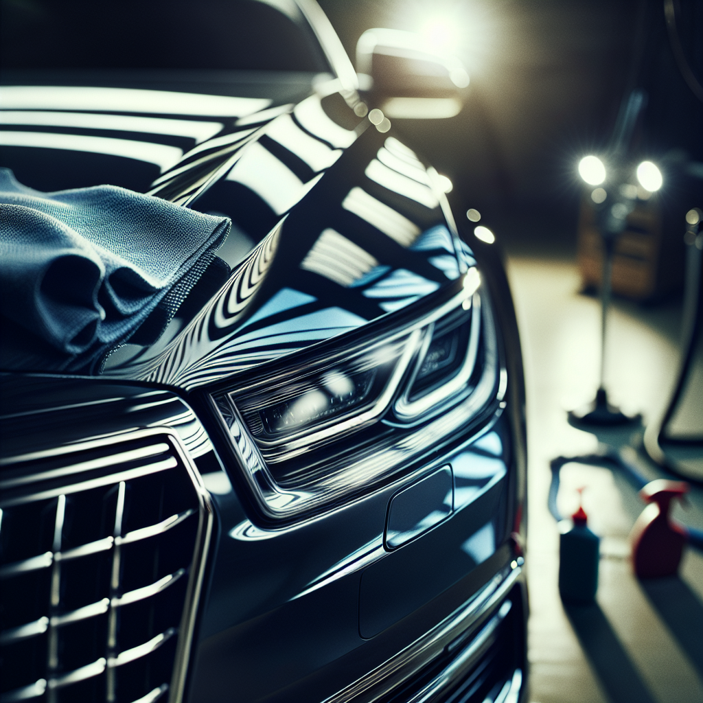 A realistic depiction of a car being detailed, highlighting the polished and immaculate exterior in natural light.