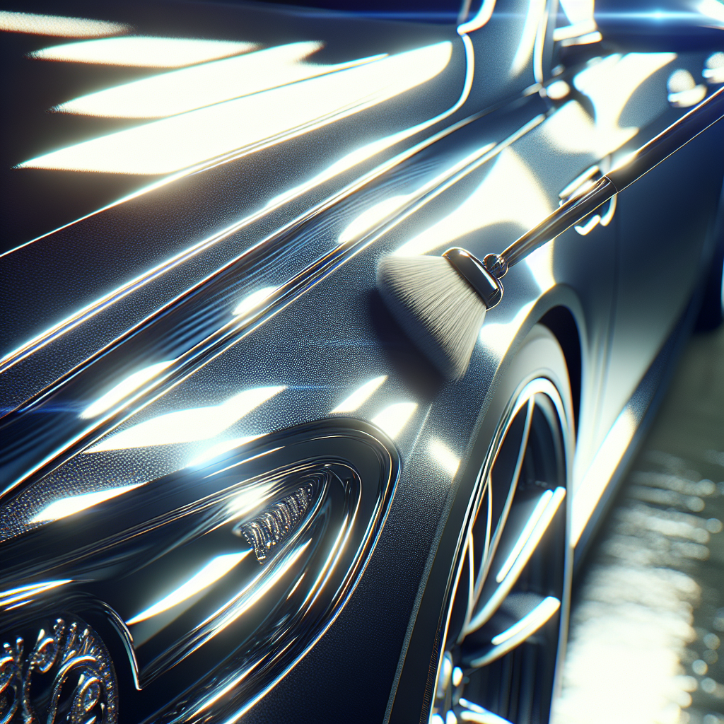 A realistic image showcasing the exterior detailing of a car, emphasizing its glossy finish and meticulous cleanliness.