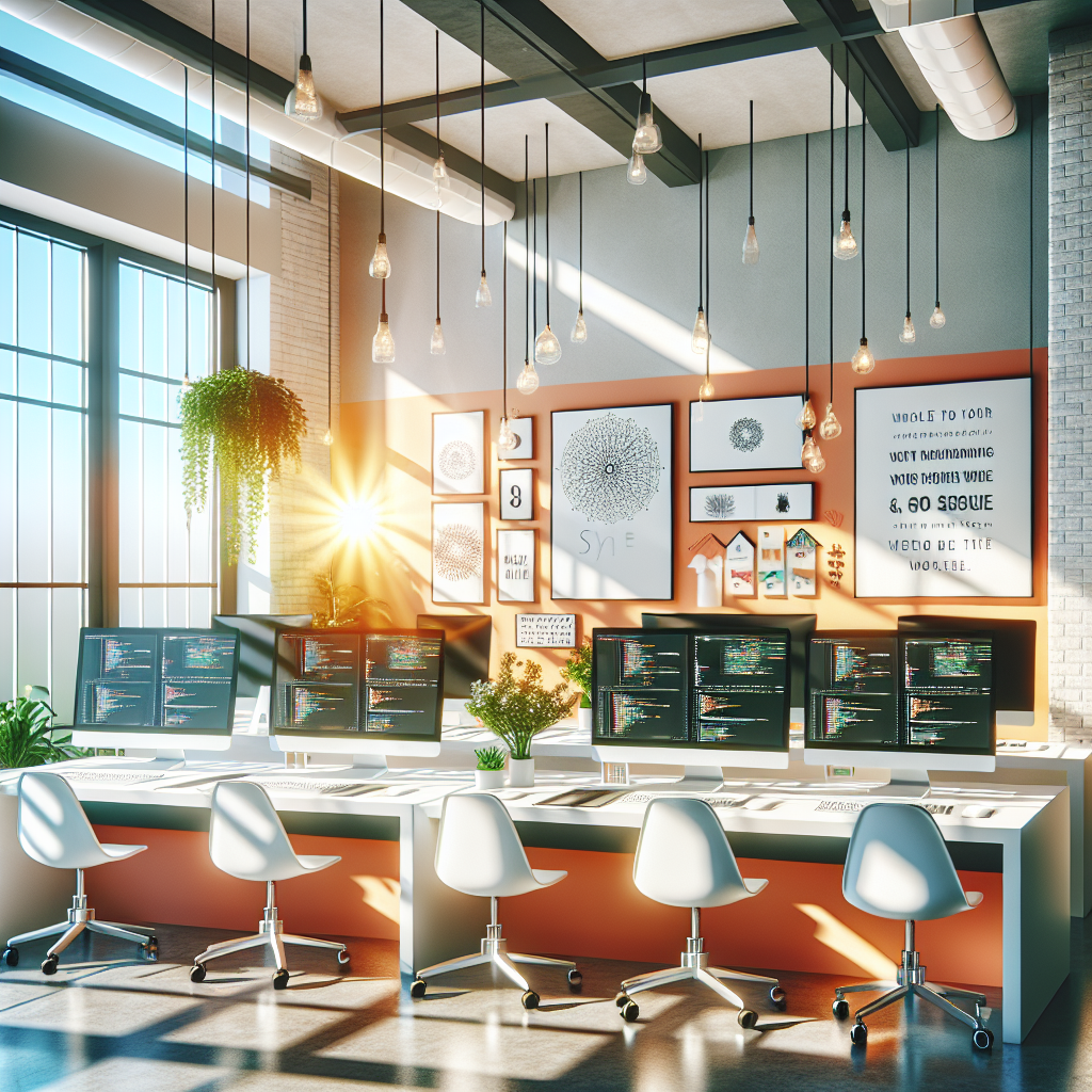 Modern web design studio interior with white desks, computers displaying code and designs, bright orange walls, ambient lighting and plants.