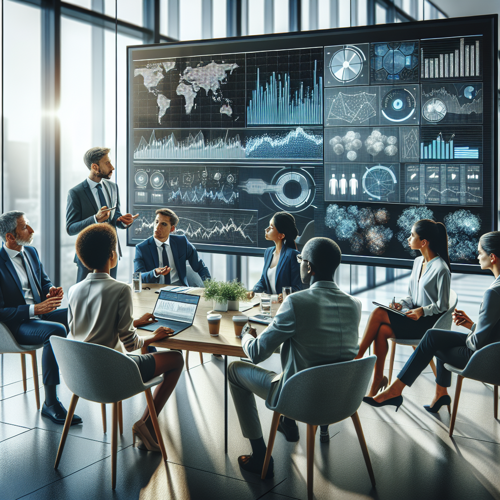 A realistic office scene with professionals conducting a market analysis meeting, complete with data presentation and active participation.