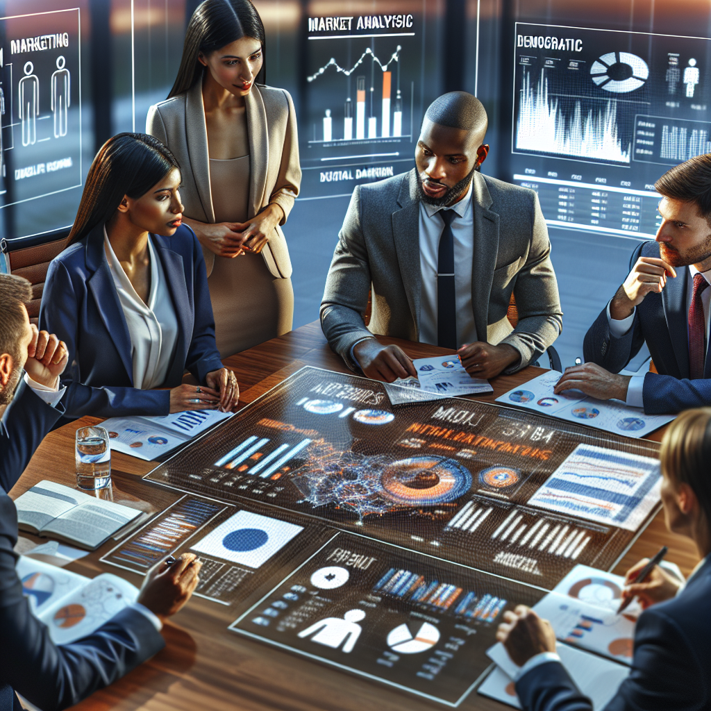 Business professionals in a target market analysis meeting with a presentation screen showing data.