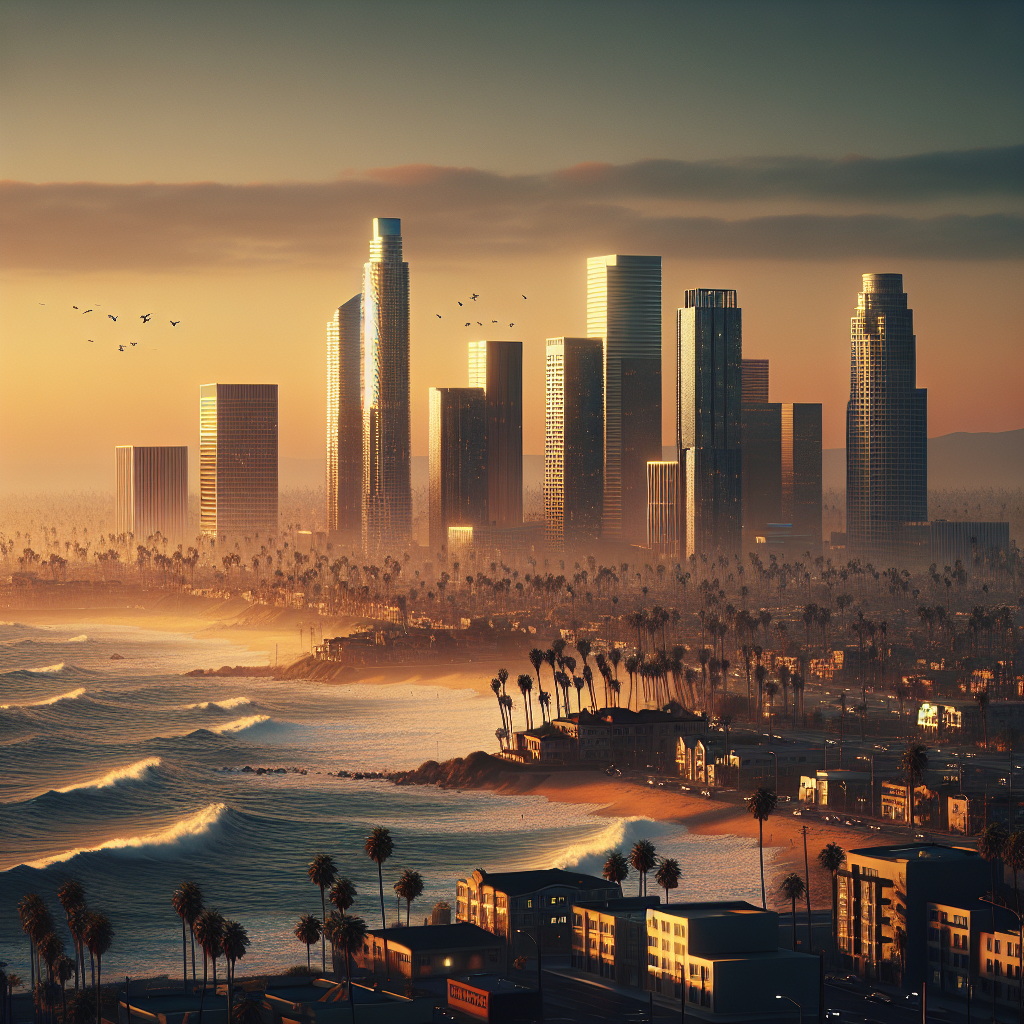 A realistic digital painting of Orange County's coastal skyline with skyscrapers and the Pacific Ocean, inspired by the reference image.