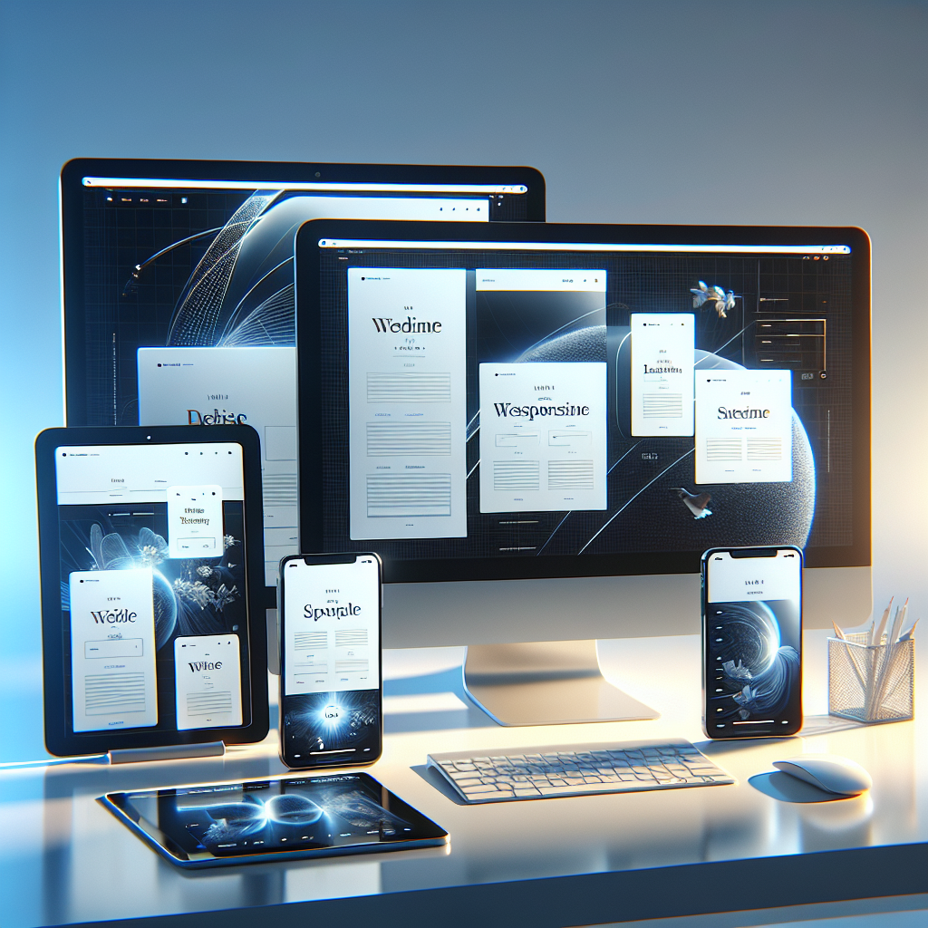 Modern devices including a smartphone, tablet, and desktop displaying a responsive website interface on a minimalist desk.