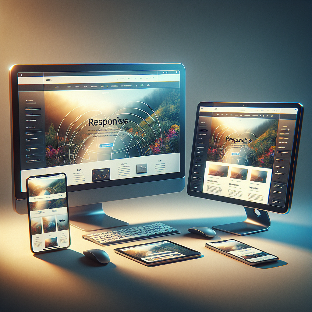 Devices including a desktop, tablet, and smartphone arranged in a semi-circle to illustrate responsive web design, all displaying the same website adapted to their screens.