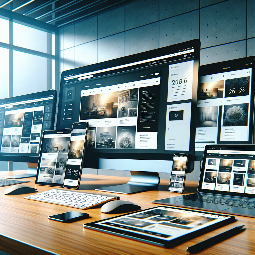 A professional digital workspace featuring various devices with adaptive web designs on the screens.