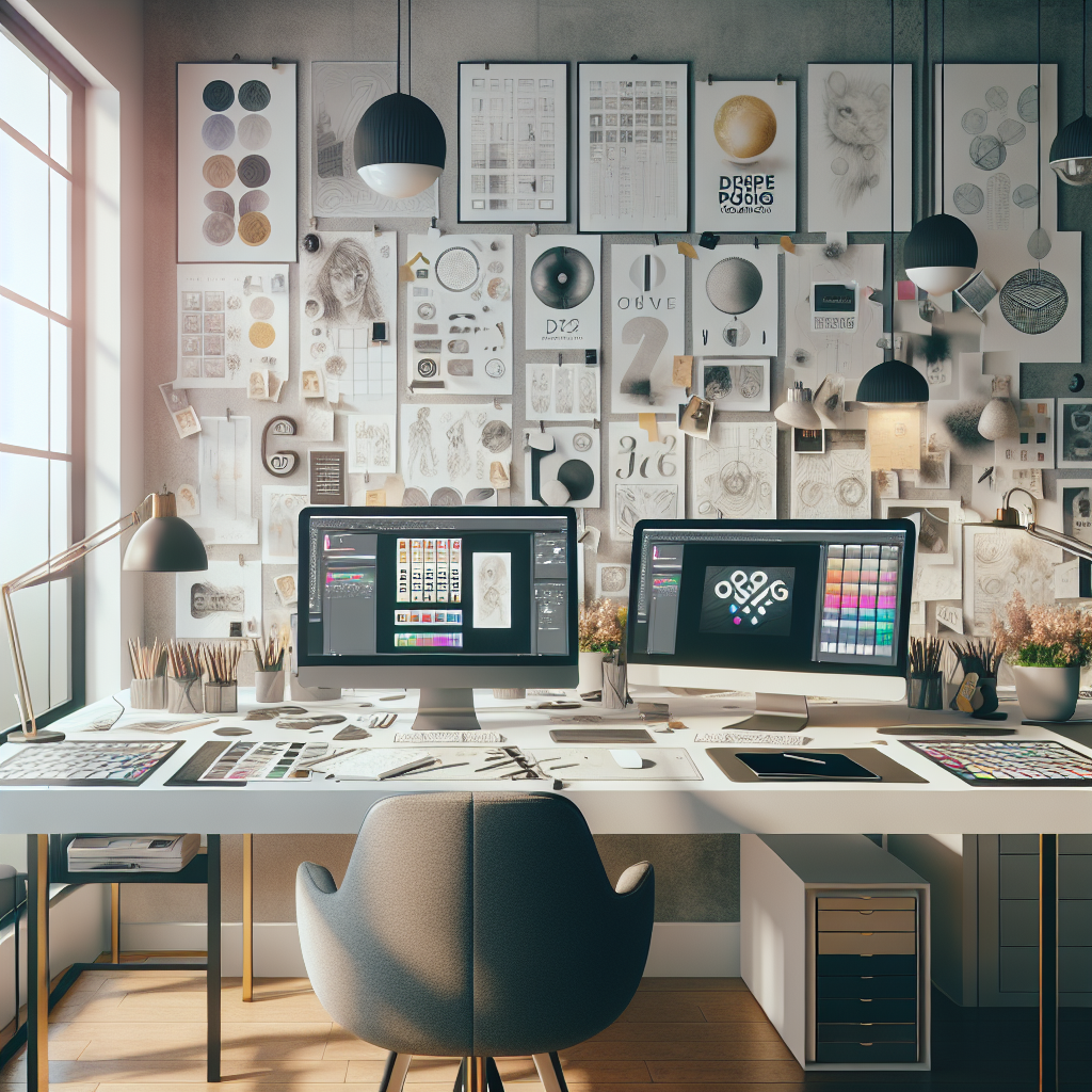 Modern graphic designer's home office setup with a dual monitor, sketches, and a mood board, brightly lit by natural light.