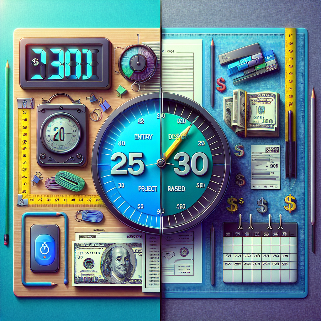 A depiction of graphic designers' pricing models with a timer for hourly rates, sketchpad and tools for project-based pricing, and a calendar with a clock for retainer agreements.
