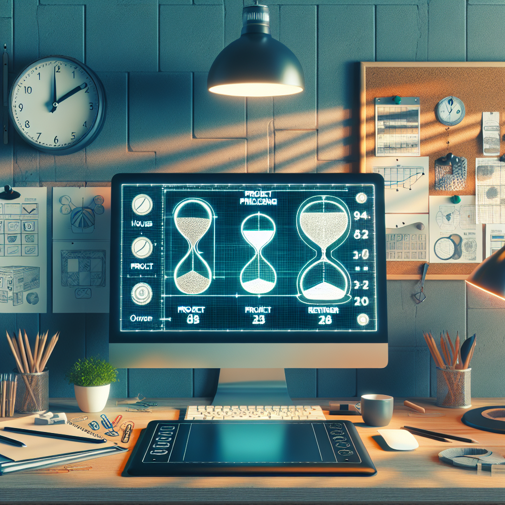 A graphic designer's workspace with an hourglass, project blueprint, and calendar on the desk symbolizing different pricing models, with a computer setup and art supplies.