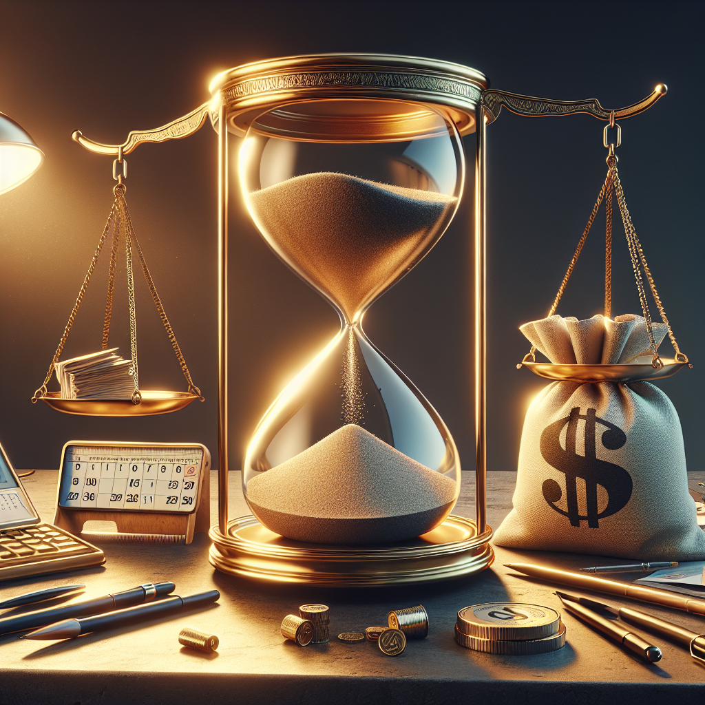 Realistic representation of graphic designers' pricing models featuring an hourglass, weighing scale with a logo and a money bag, and a designer's desk with a calendar and tools.