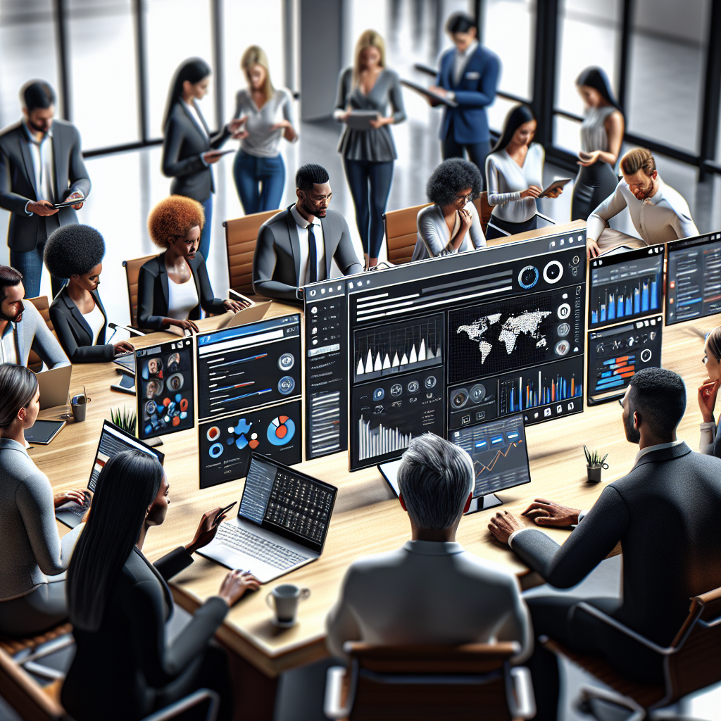 Group of professionals discussing social media management tools in an office setting with visible analytics dashboards on their devices.
