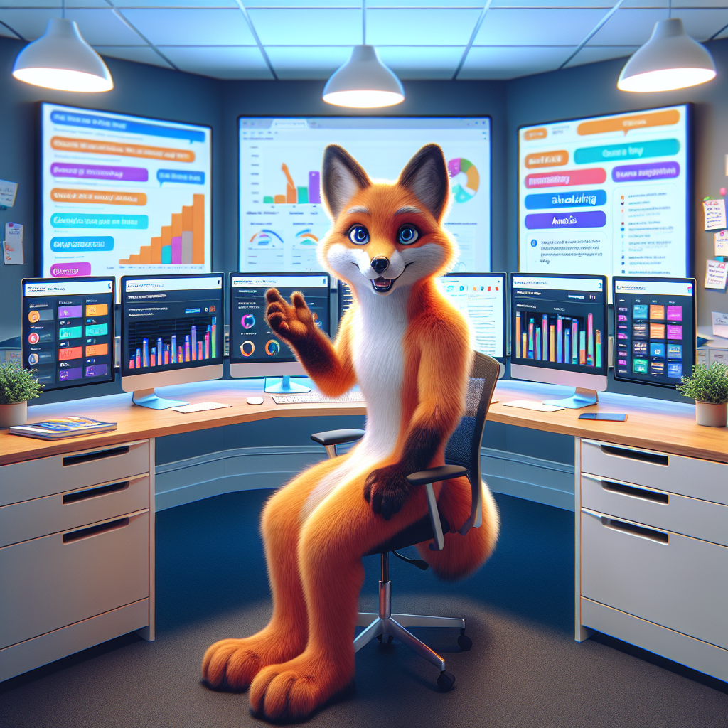Anthropomorphic fox mascot at a modern workspace, discussing social media management tools with monitors displaying colorful graphs and interfaces.