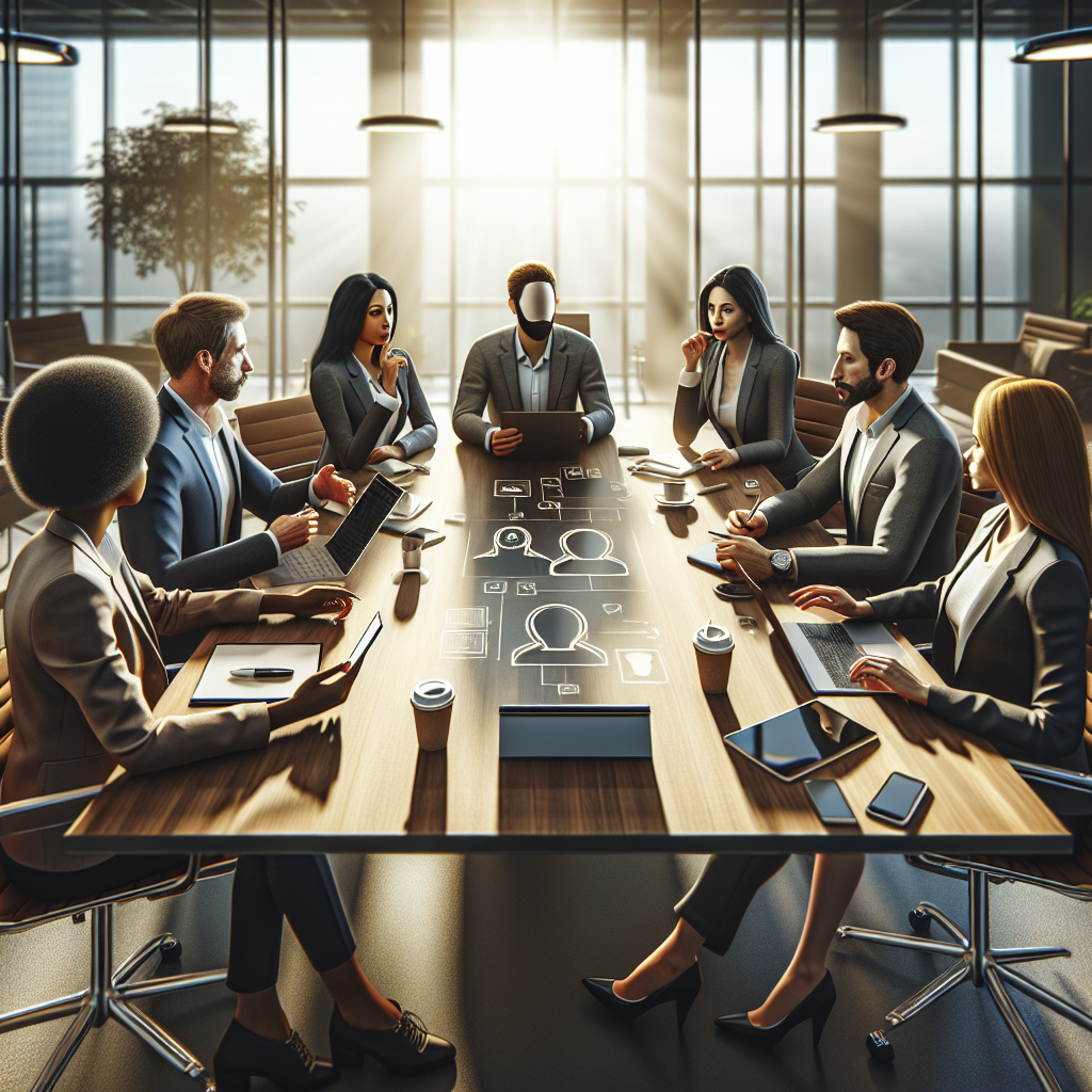 Professionals discussing social media management around a conference table with digital devices and social media icons.