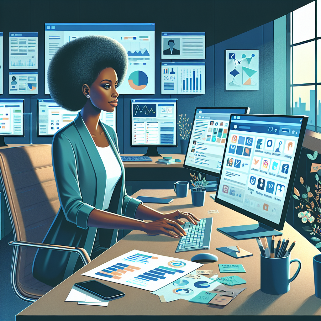 An office scene depicting a Nigerian social media manager at their workspace with multiple screens showing social media platforms and analytics.
