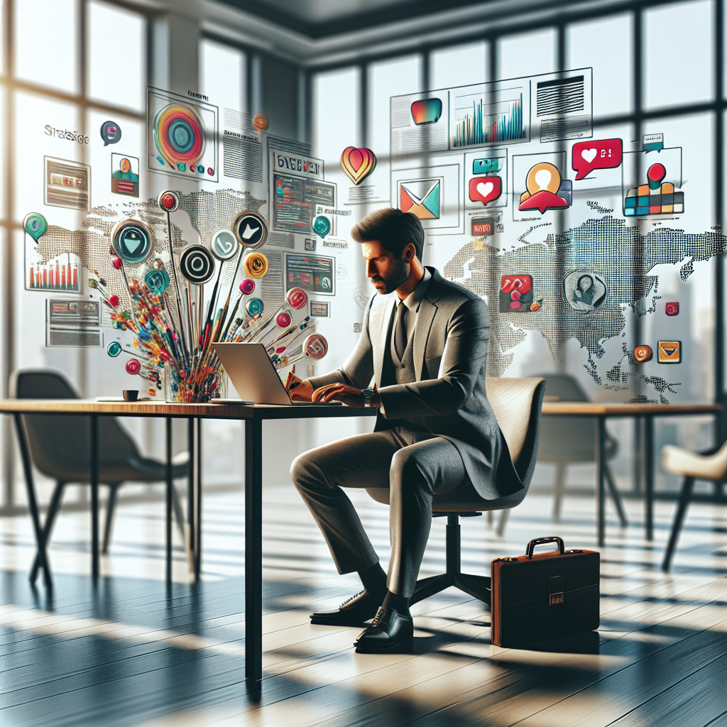 A social media manager in a well-lit modern office in Nigeria, working with various digital devices and surrounded by symbols of audience engagement and brand growth.