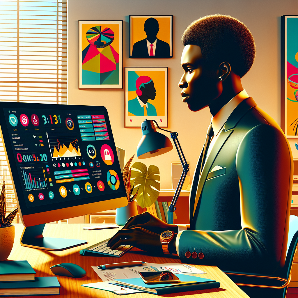 A Nigerian social media manager at their workspace, with a computer showing social media analytics, in a brightly lit and culturally decorated office.