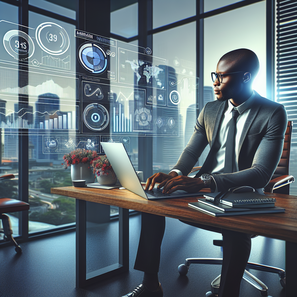 A Nigerian social media manager working on a laptop with virtual charts and social media interfaces, in a modern office overlooking a bustling Lagos cityscape.