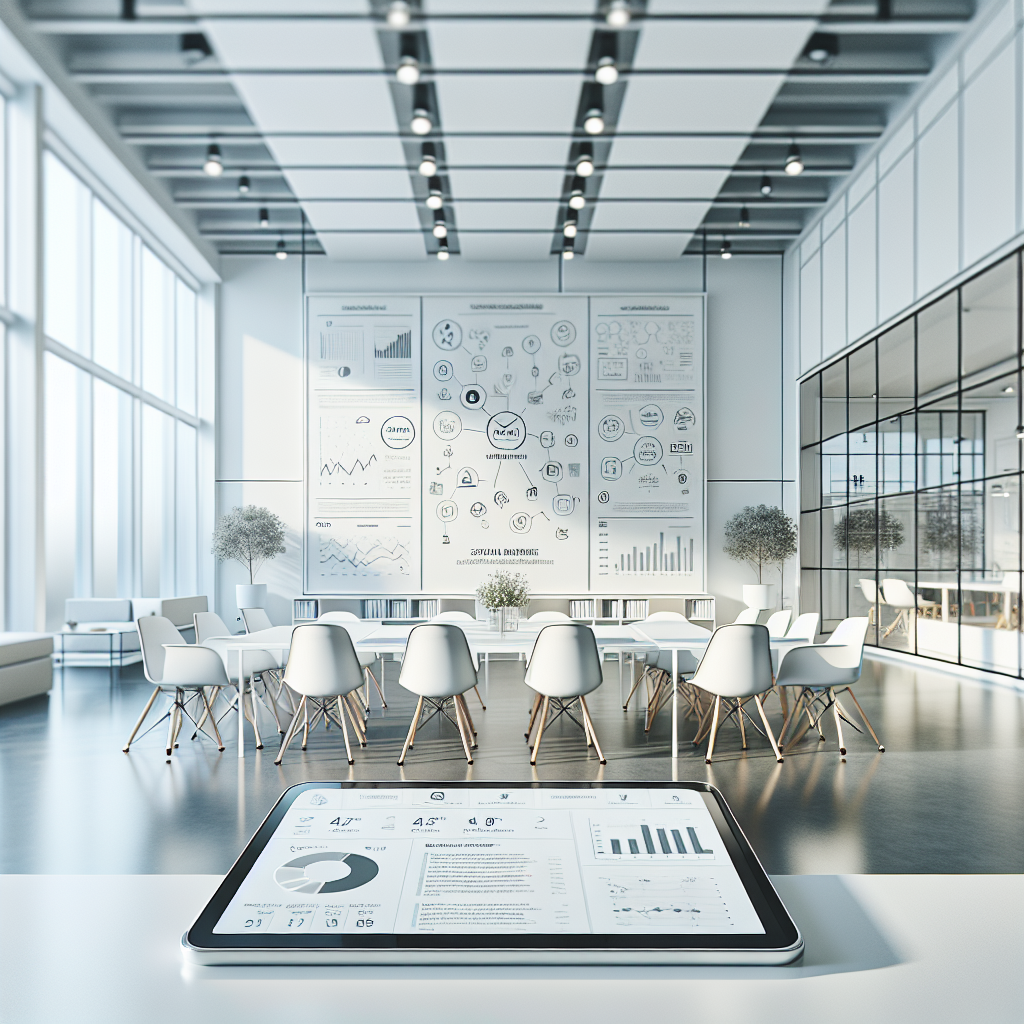 Modern office space with a bulletin board exhibiting various social media management templates and a desk with a digital tablet.