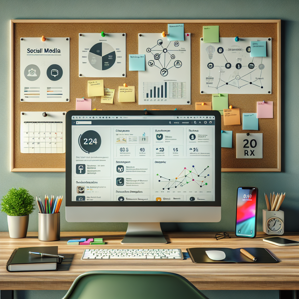 A modern and organized office desk setup with a computer displaying social media management tools, a smart phone, sticky notes, and a calendar, all in a room with soft blue and green accents.