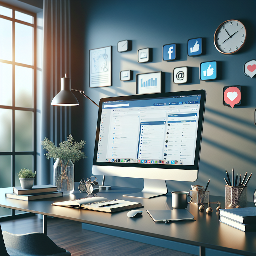 Realistic image of a modern professional social media management office workspace, with a computer, planners, and various work-related objects.