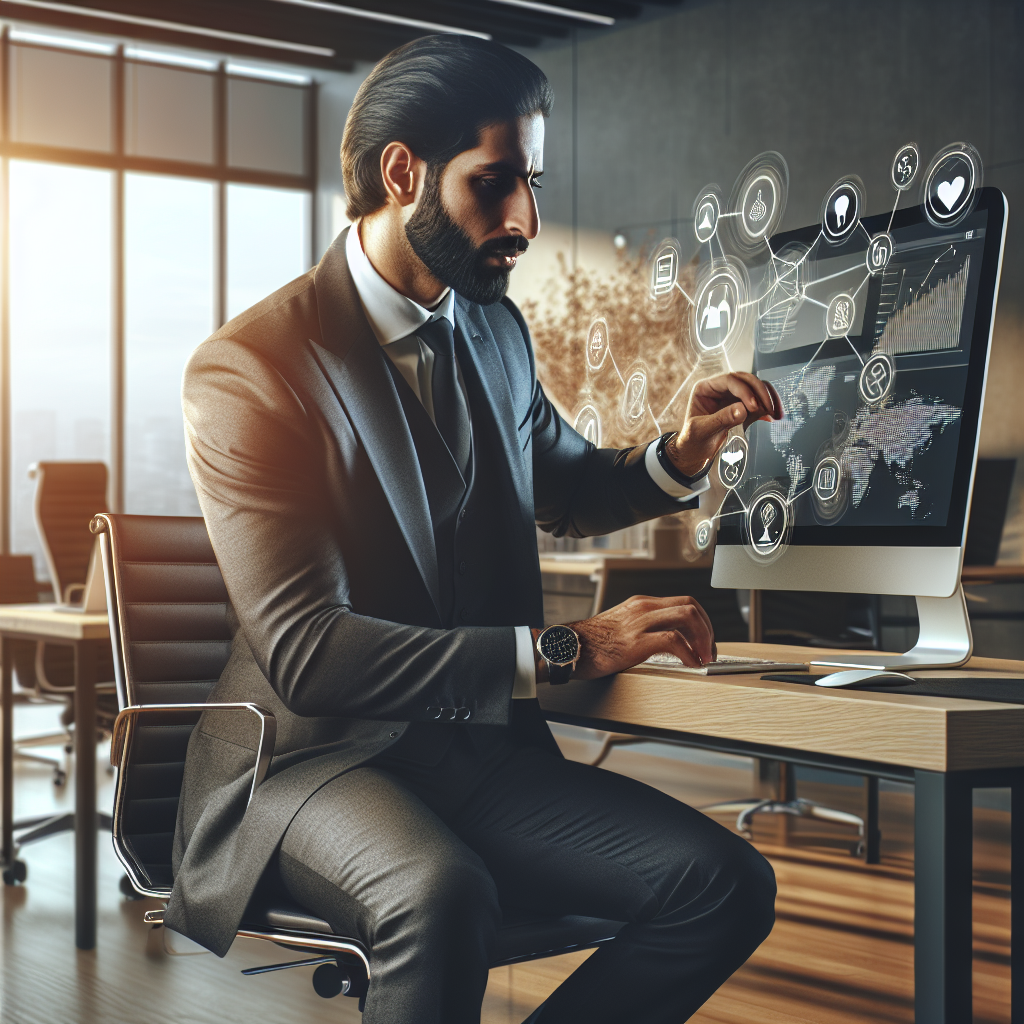 A professional in a modern office setting working on social media management strategies with social media icons and analytics on a screen, under soft natural lighting.