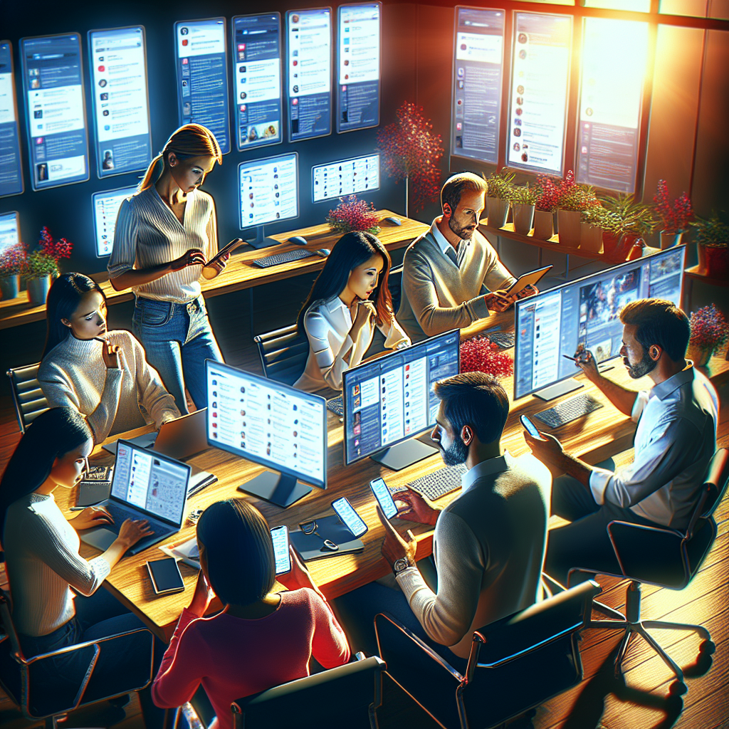 A realistic office scene with social media managers working on various devices.