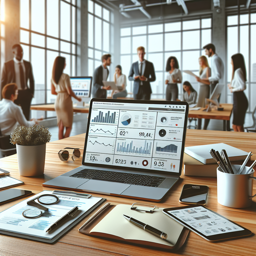 A modern office desk with a computer displaying social media analytics, surrounded by work essentials with professionals collaborating in the background.