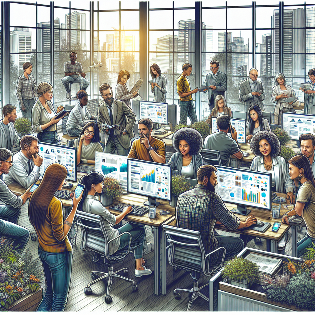 A diverse group of social media managers collaborating in a modern office with natural light.