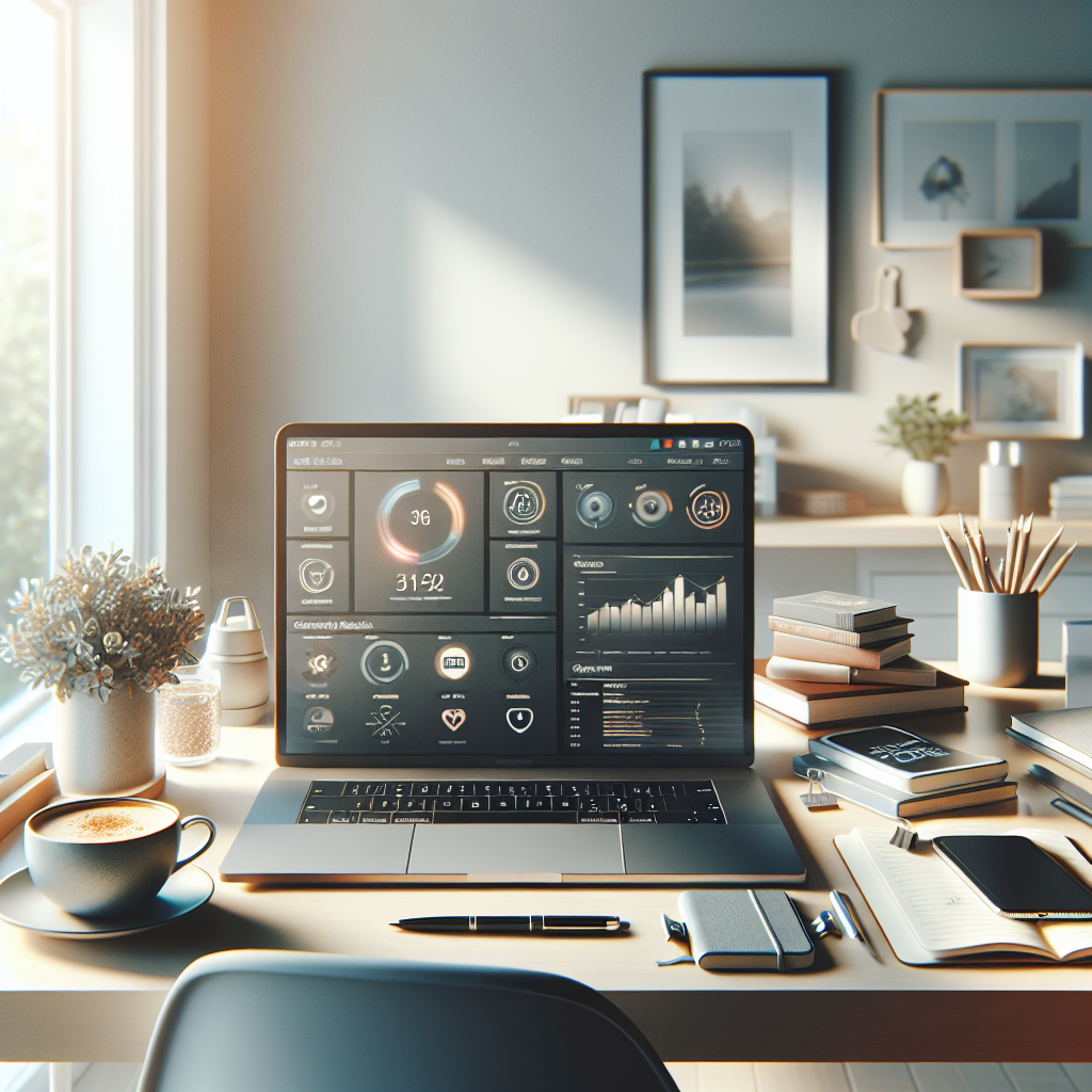 A realistic depiction of a social media manager's workspace with a laptop, smartphone, coffee, notebook, and natural light.