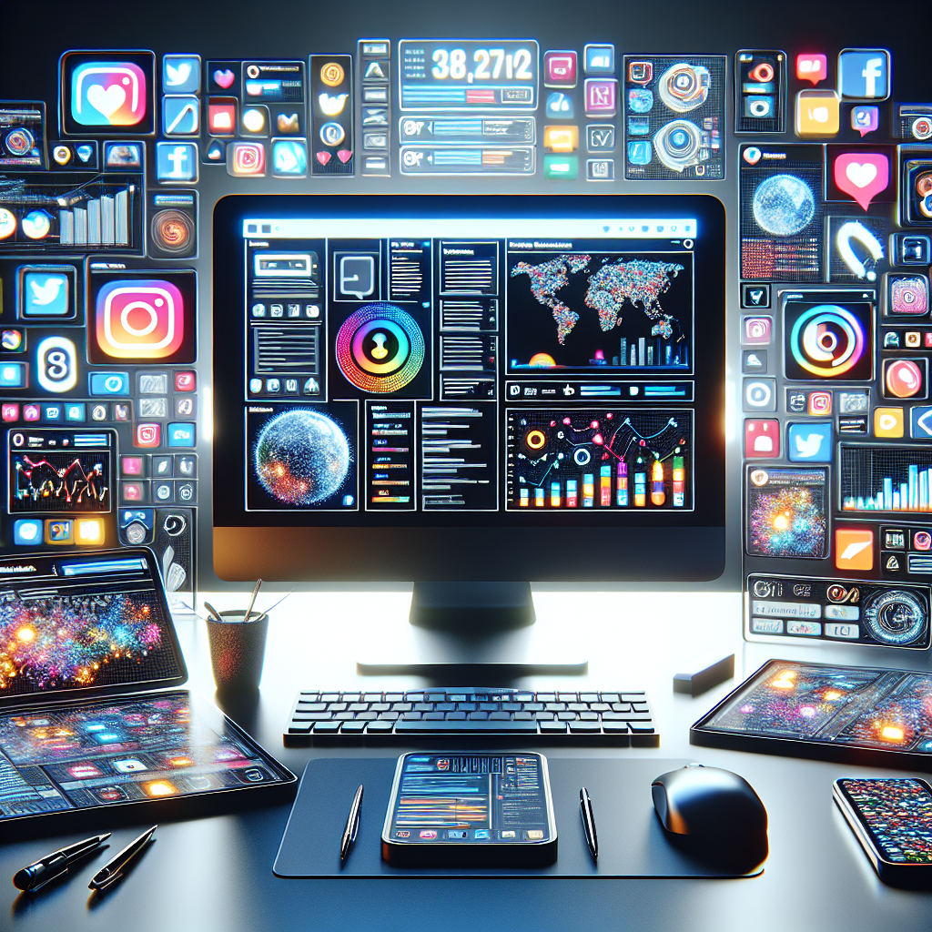 A realistic digital workspace focusing on social media management with various social media platforms on a computer screen.