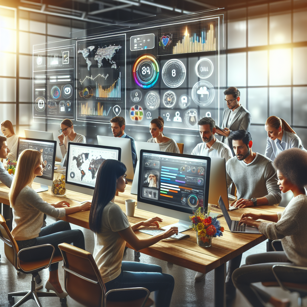 A modern office with a diverse team working on social media management.