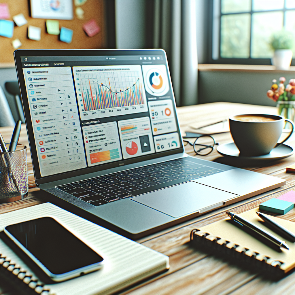 A realistic modern workspace with a laptop displaying a social media management dashboard, surrounded by desk objects like a notepad, coffee cup, and smartphone.