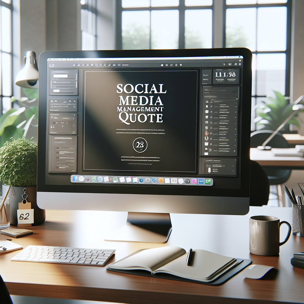 A realistic image of a modern office workspace with a computer screen displaying a social media management quote template.