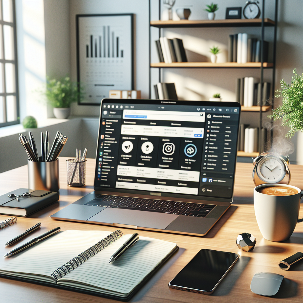 A realistic office desk setup for a social media manager with a laptop, coffee cup, smartphone, notebook, pens, and a small plant.