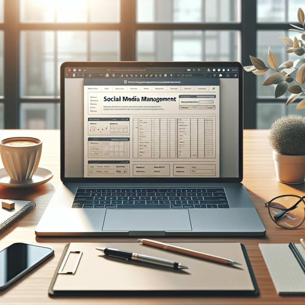 A professional desk showing a laptop with a detailed social media management quote template, accompanied by office accessories.