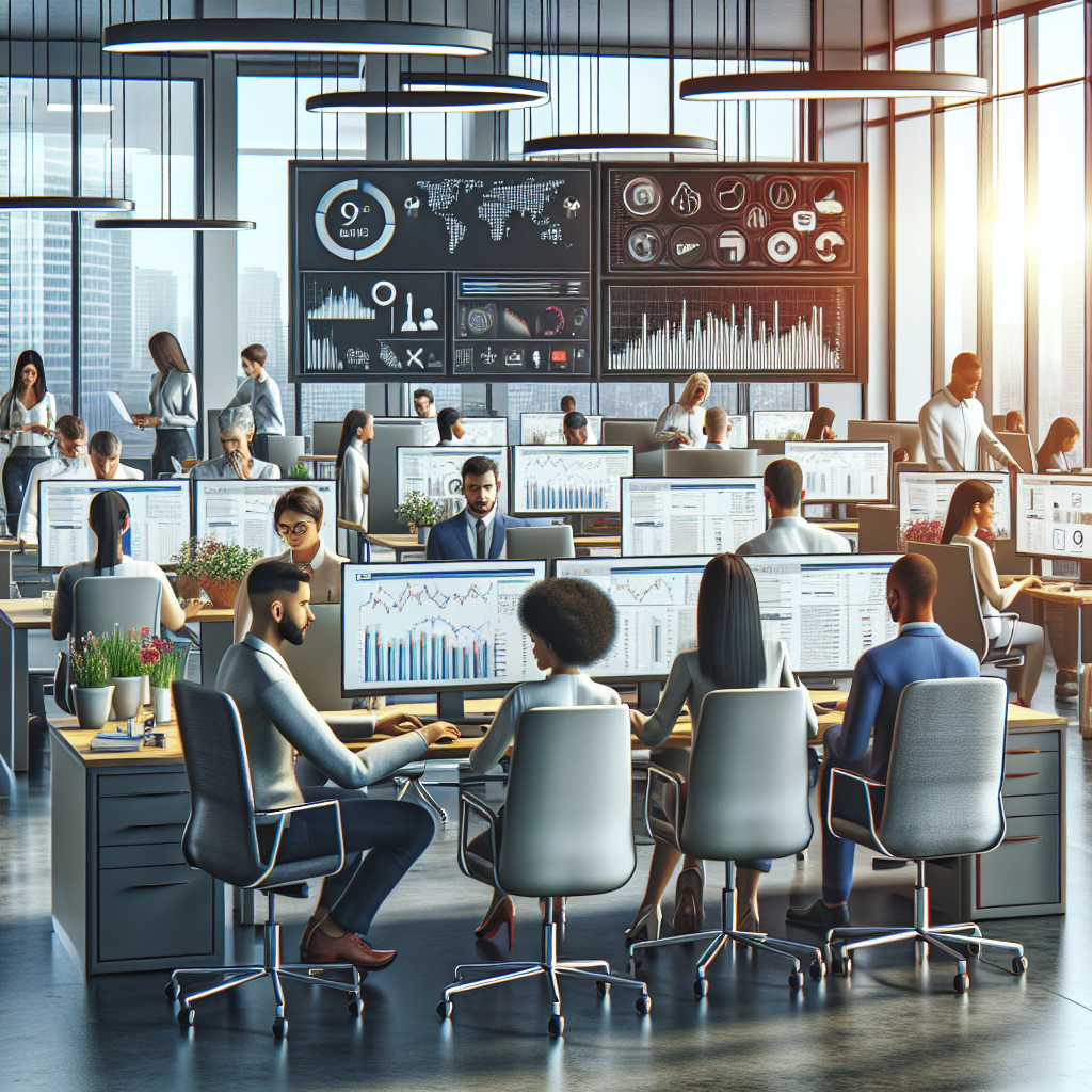 A realistic depiction of social media managers collaborating in a modern, vibrant office.