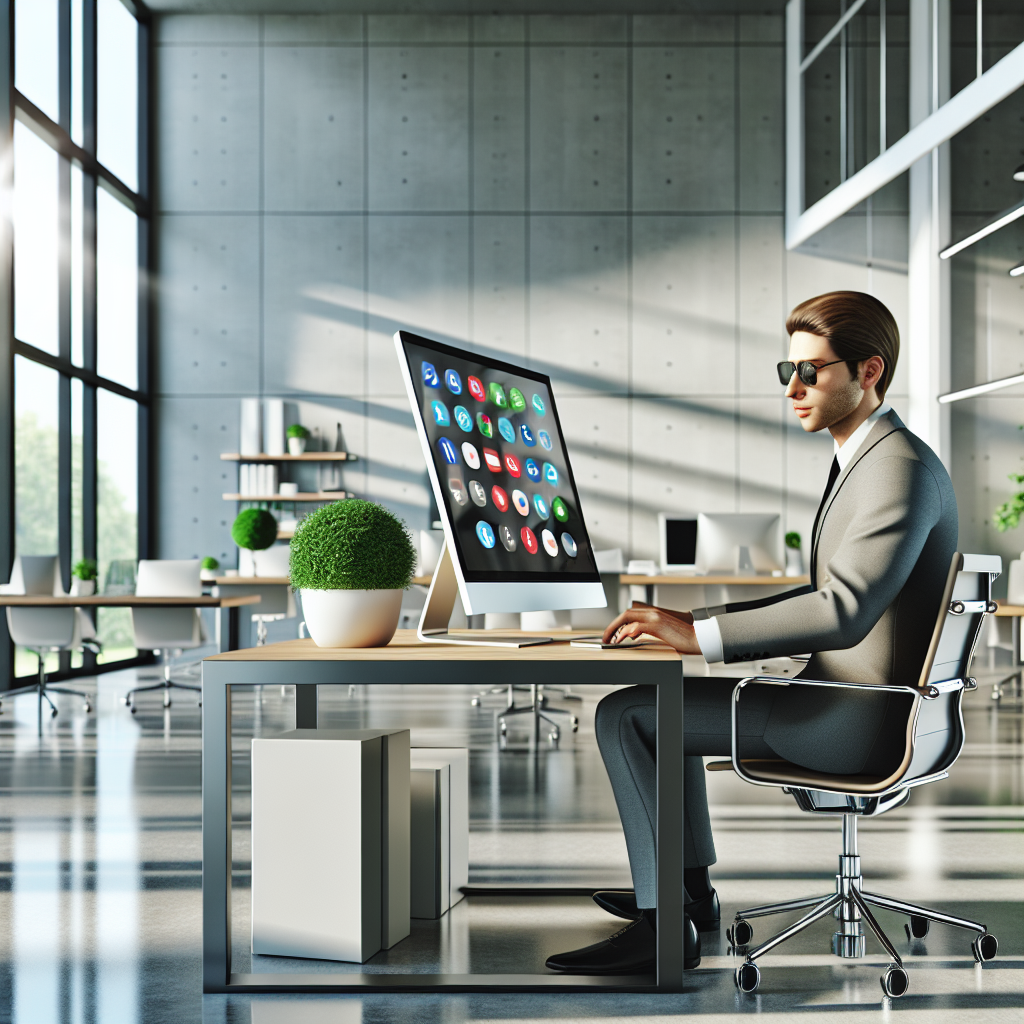 A social media manager working in a modern office setting with a computer displaying social media icons and contemporary decor.