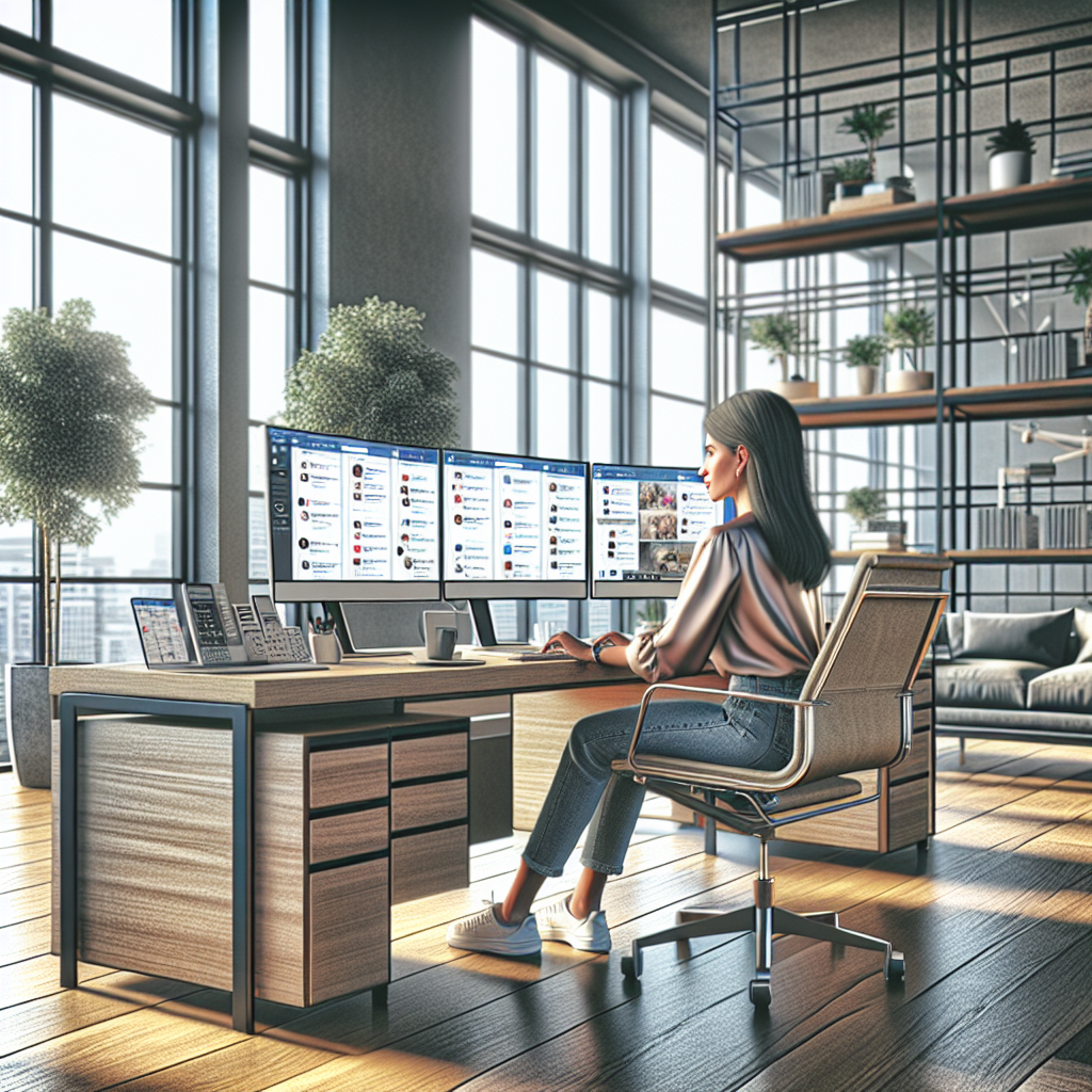 A social media manager working in a modern, sunlit office with multiple screens displaying social media platforms.