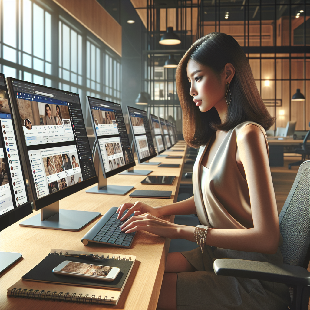 A social media manager working in a modern office with multiple monitors.