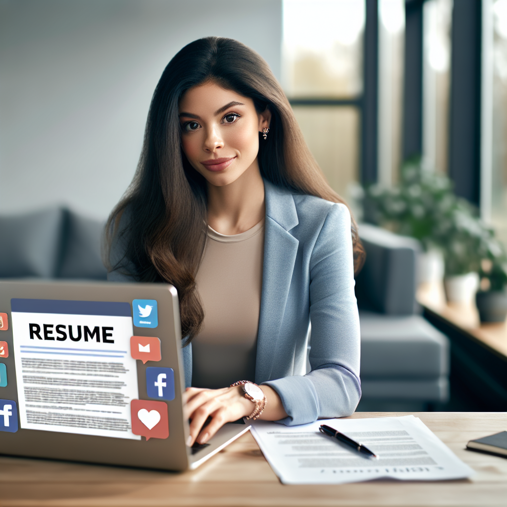 Young professional woman creating a social media management resume on her laptop.