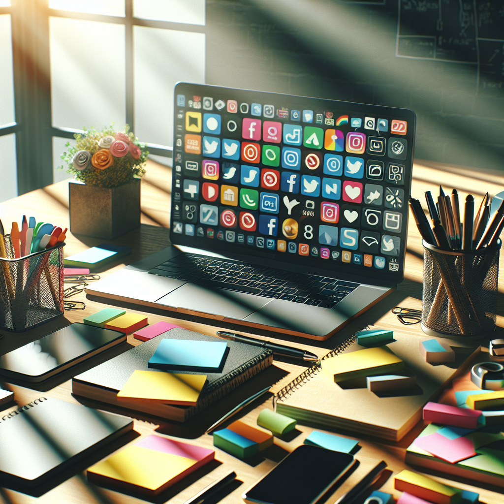 Creative workspace of a social media manager with modern laptop and various office supplies.