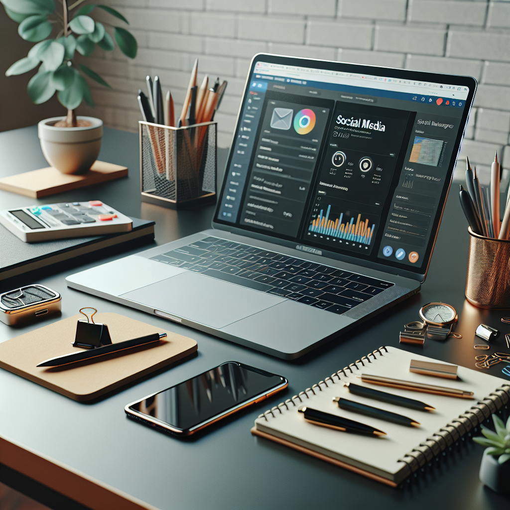 A realistic depiction of a social media manager's modern desk setup.